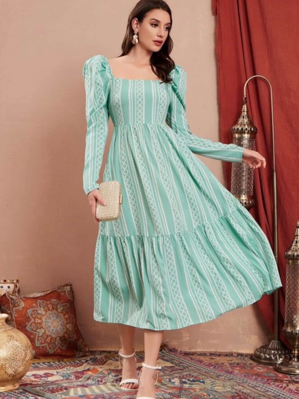 Mint Green Long Sleeve Square Neck Midi Dress